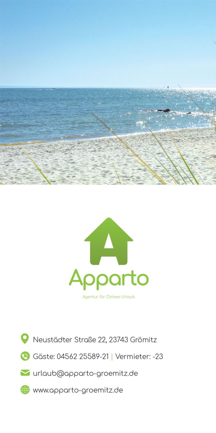 Sandstrand mit Gras, Meer und klarem Himmel über der Ostsee